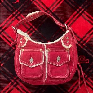 y2k 2000s gap corduroy bag in red with sherpa lining